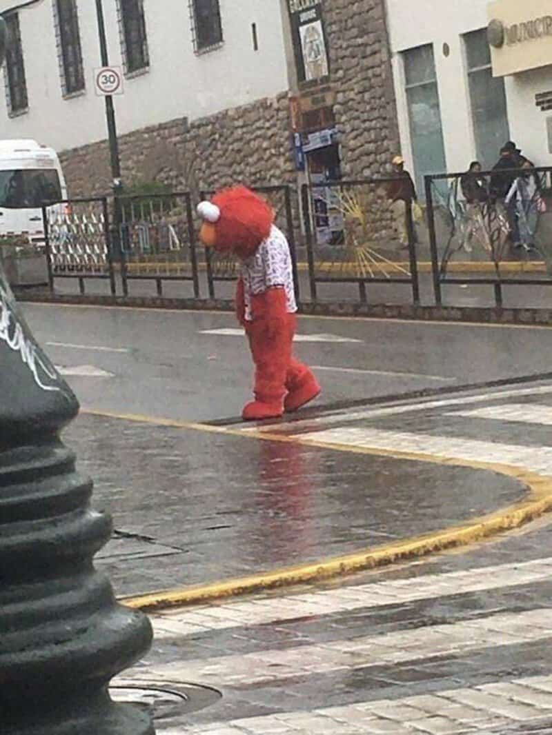 Person dressed as a clown with a red wig and white face paint walking on a rainy street.