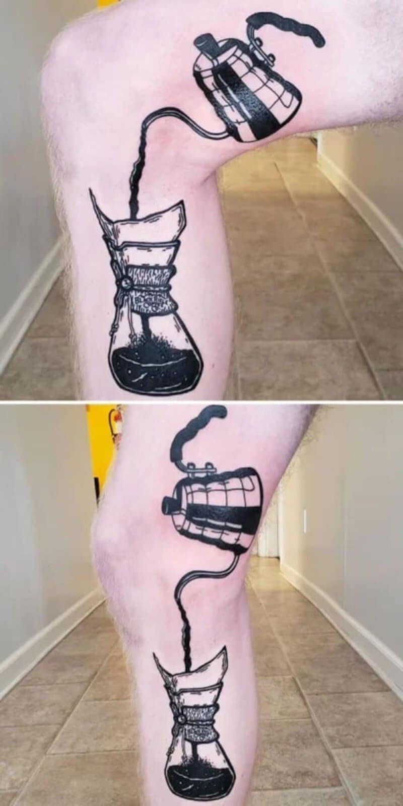 Tattoo of a coffee pot pouring into a cup on a person's leg.