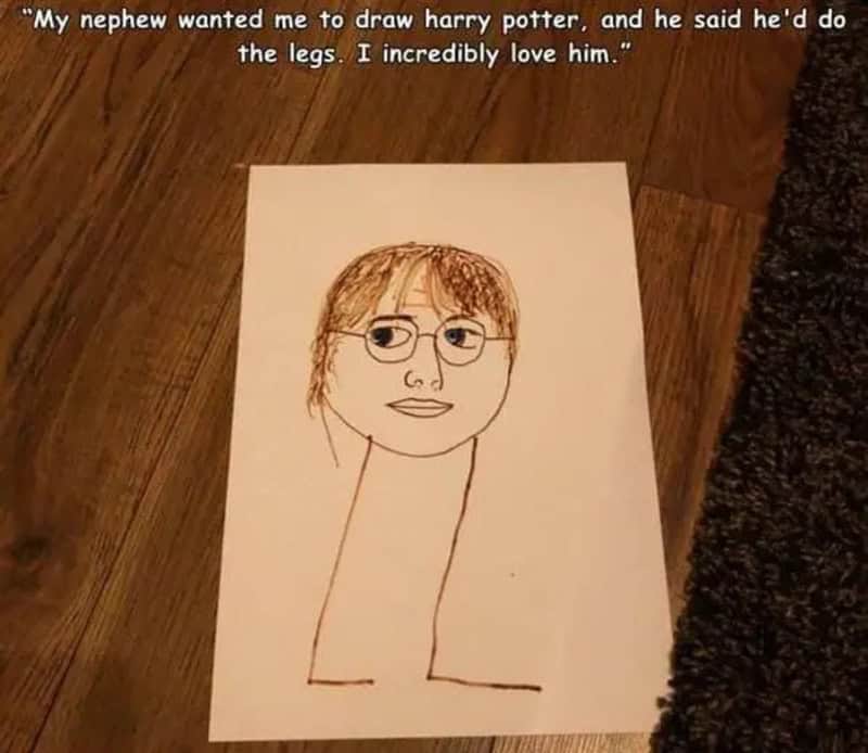 Child's drawing of Harry Potter with glasses and a long body, with a caption about loving him.