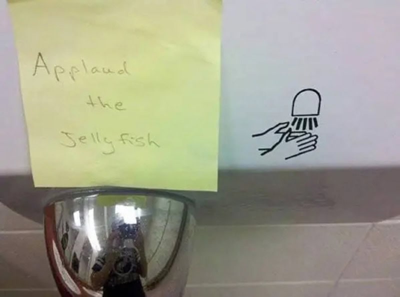 Note says 'Applaud the Jellyfish' with a drawing of a hand clapping.