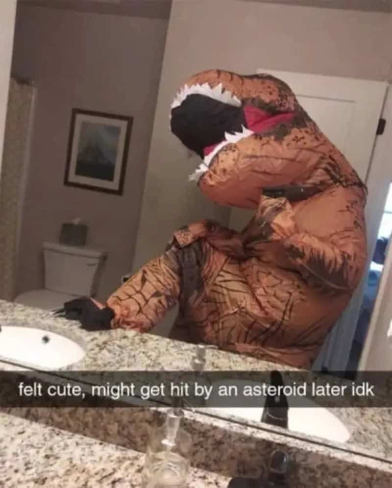 Person in T-Rex costume taking a selfie in a bathroom mirror.