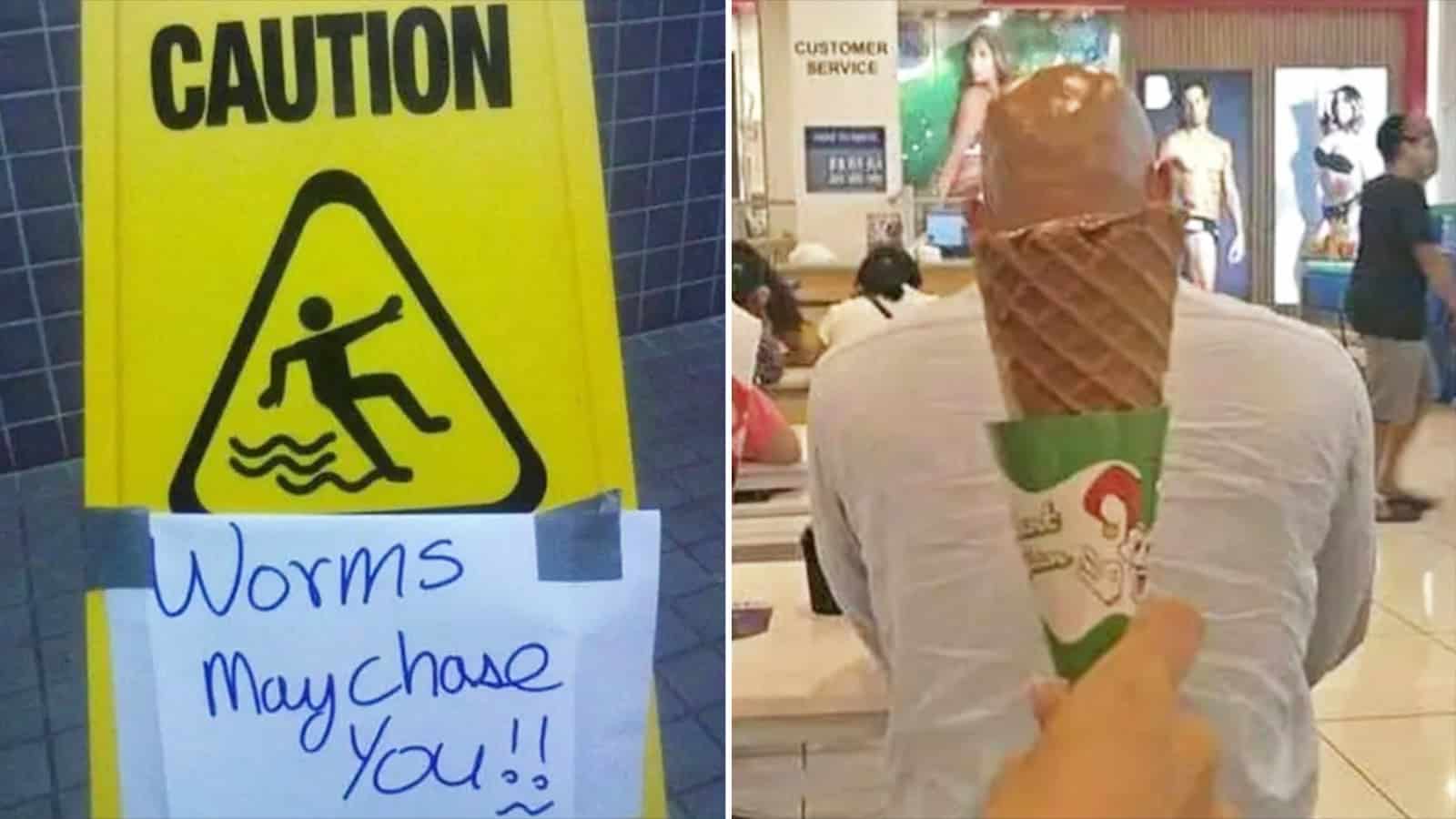 Warning sign with handwritten note saying 'Worms May Chase You!!'.
