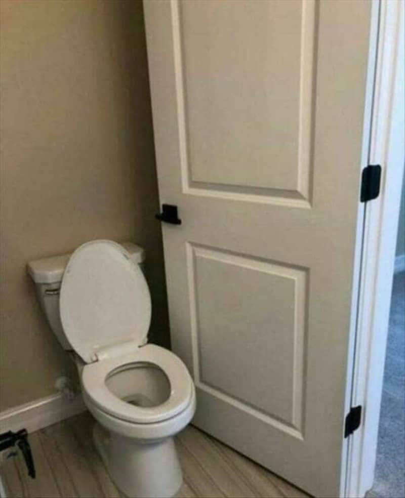 Toilet behind a partially open door in a bathroom.