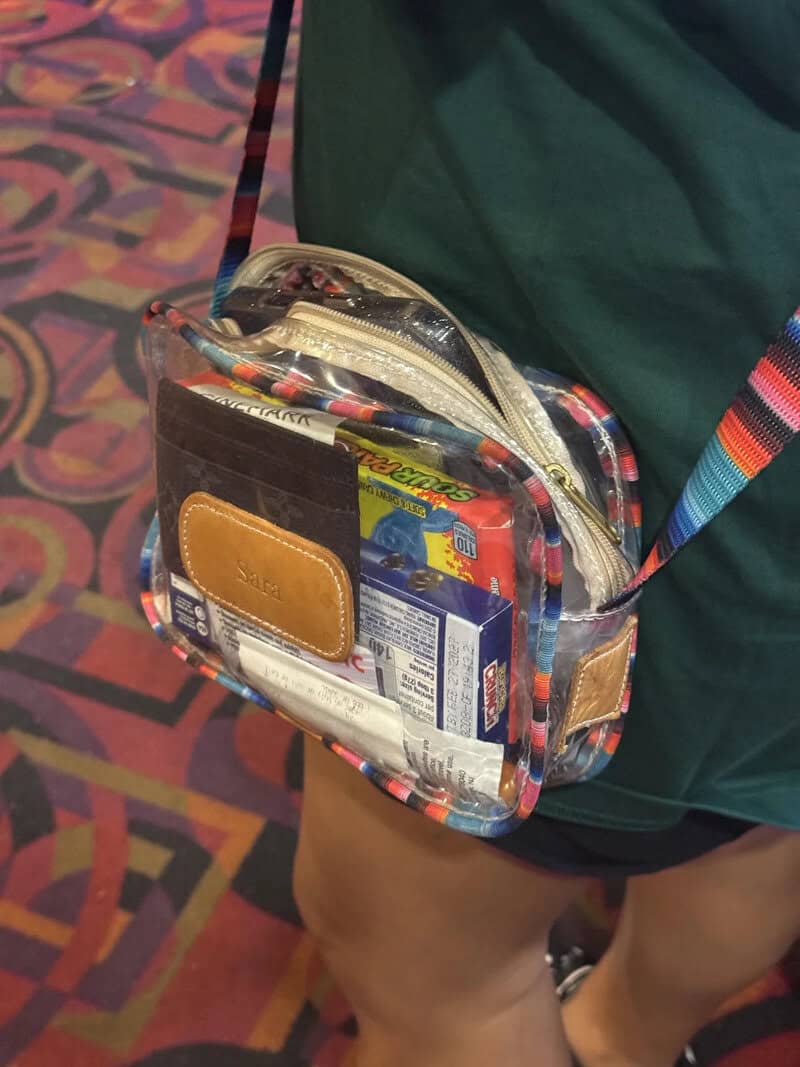 Person with a transparent bag filled with snacks and a wallet, standing on a colorful carpet.
