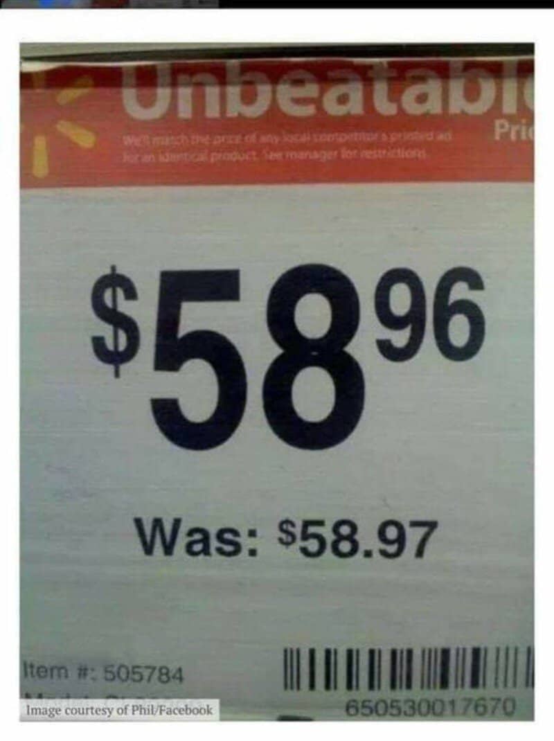 Price tag showing $58.96, was $58.97, item number 505784, barcode 650530017670.
