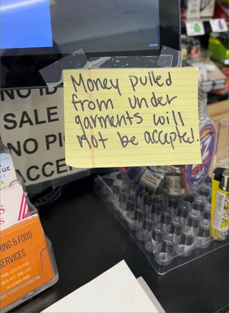 Note says 'Money pulled from under garments will not be accepted' at checkout.
