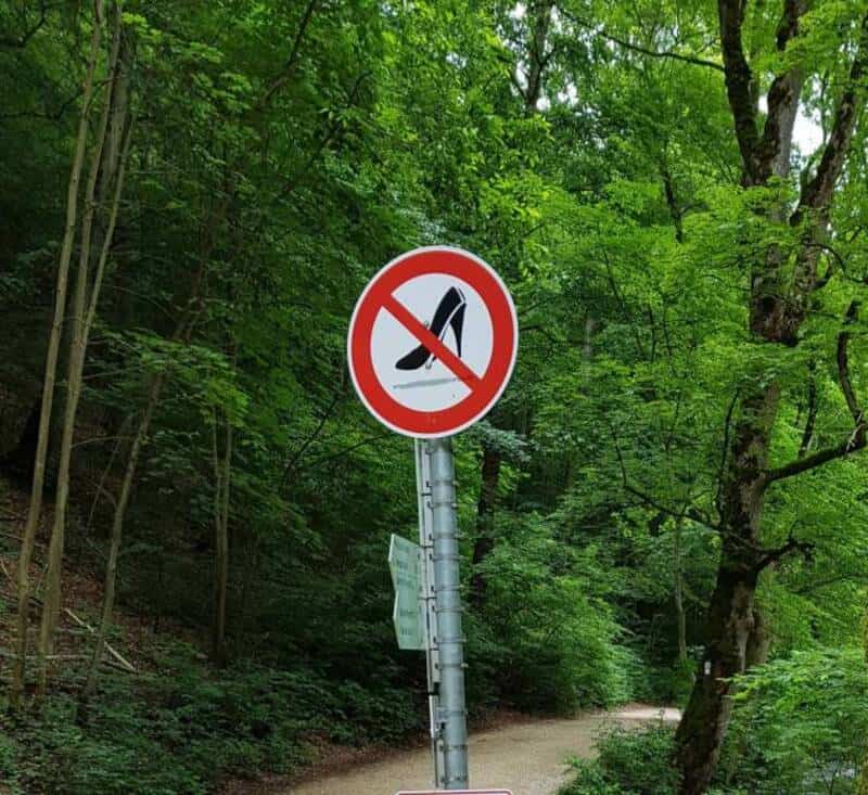 No knives or sharp objects allowed sign in a forested area.
