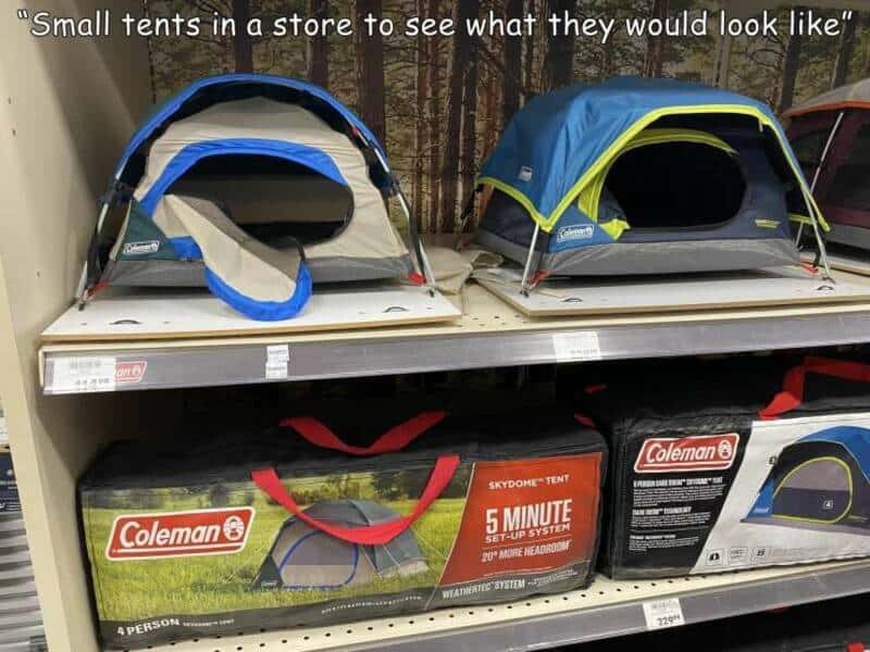 Two small tents on store shelves with a caption about small tents.