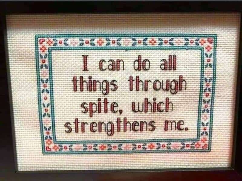 Cross-stitch embroidery with the quote: 'I can do all things through spite, which strengthens me.'.