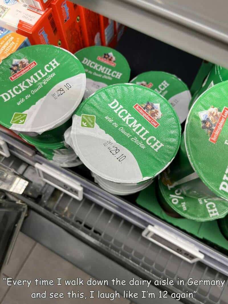 DICKMILCH yogurt containers on store shelf with humorous label.