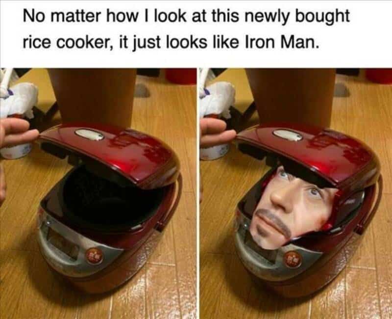 Rice cooker with a face resembling Iron Man, with a humorous caption.