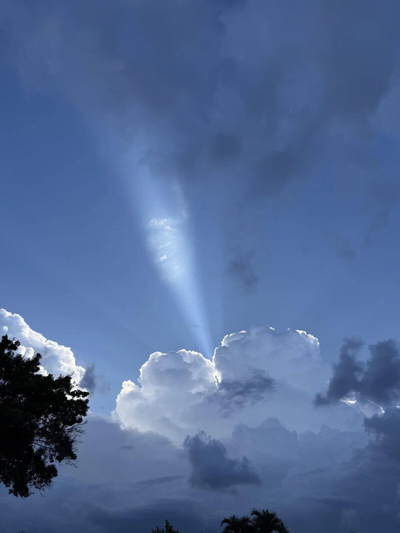 Sunbeam shining through clouds in a blue sky with trees at the bottom.