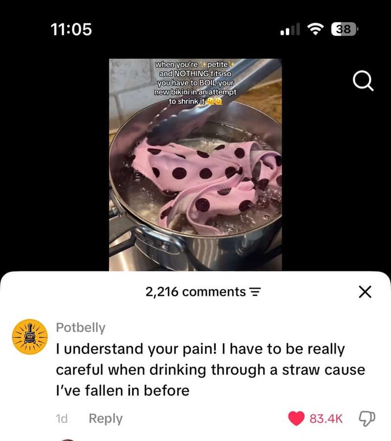 Pink polka dot fabric in boiling water with caption about shrinking.