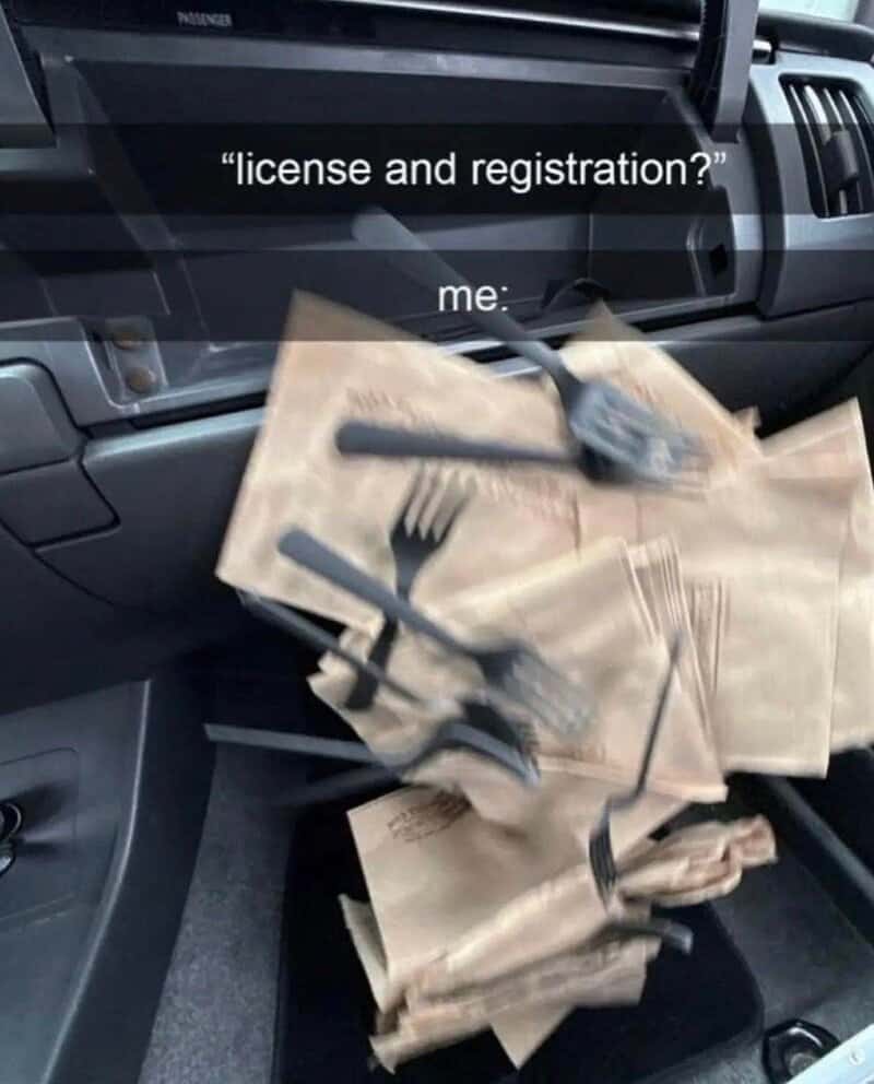 Funny meme about license and registration with paper bags and utensils.