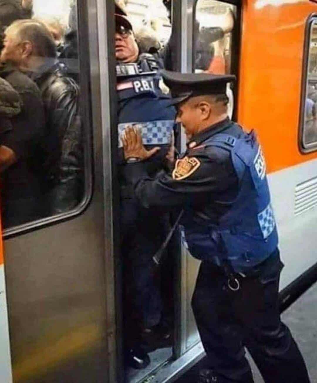 Police officer pushing a man into a train door, crowd watching.