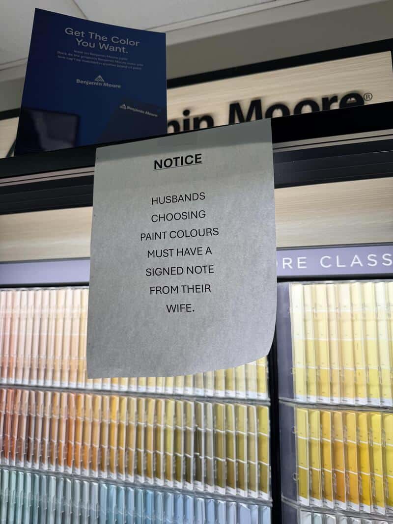 Notice about husbands choosing paint colours from their wives.