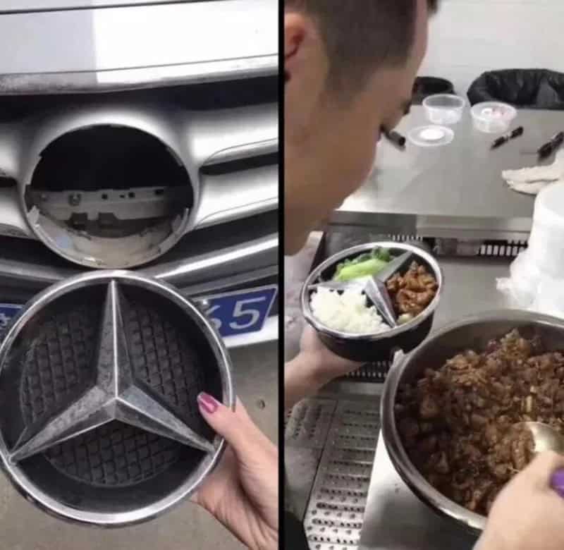 Car grille with a Mercedes-Benz logo replaced by a waffle, and a person eating a meal.