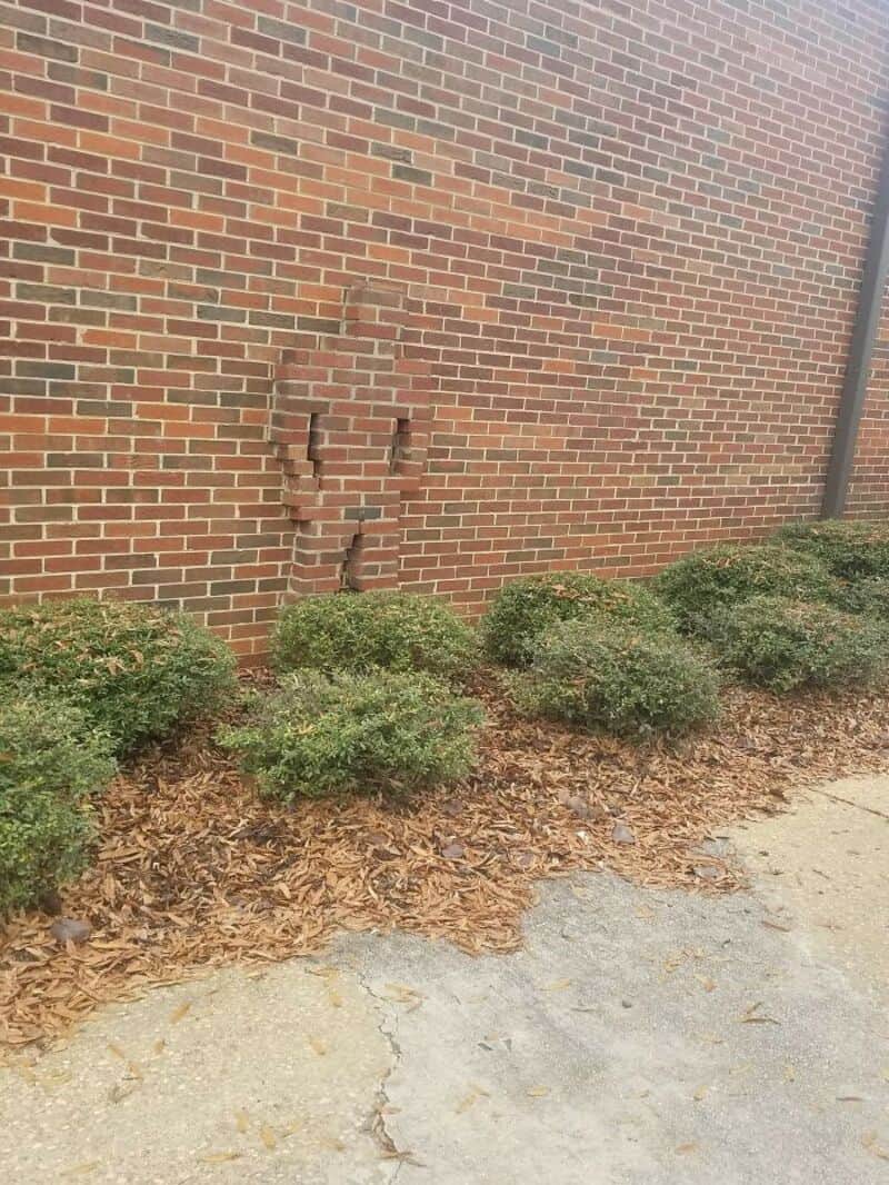 Damaged brick wall with missing bricks and bushes at the base.