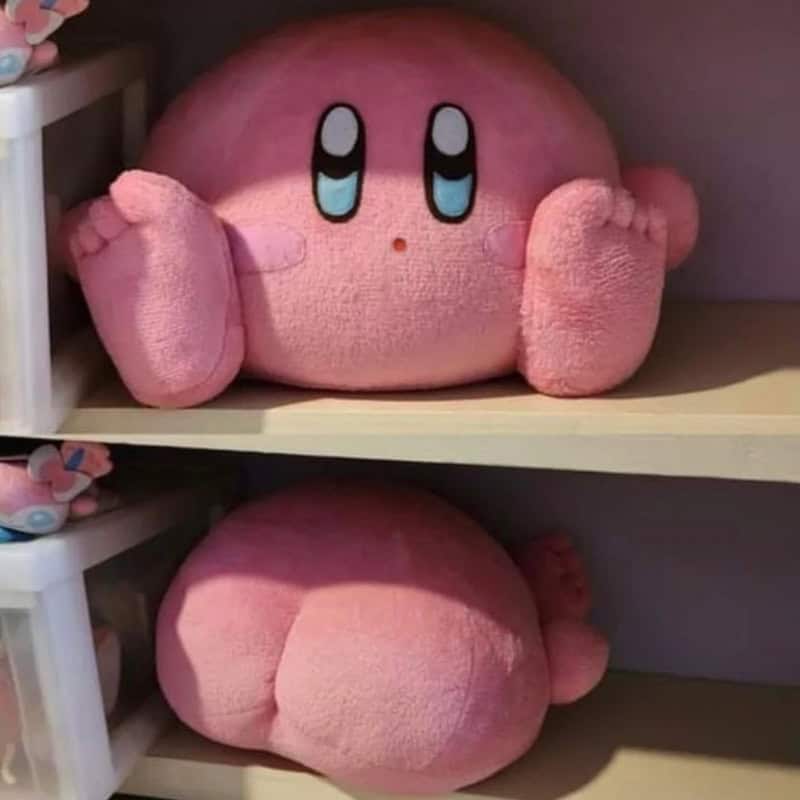 Large pink Kirby plush toy on a shelf, showing front and back views.