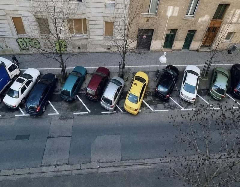 View of parked cars on a city street with graffiti on the wall and leafless trees.