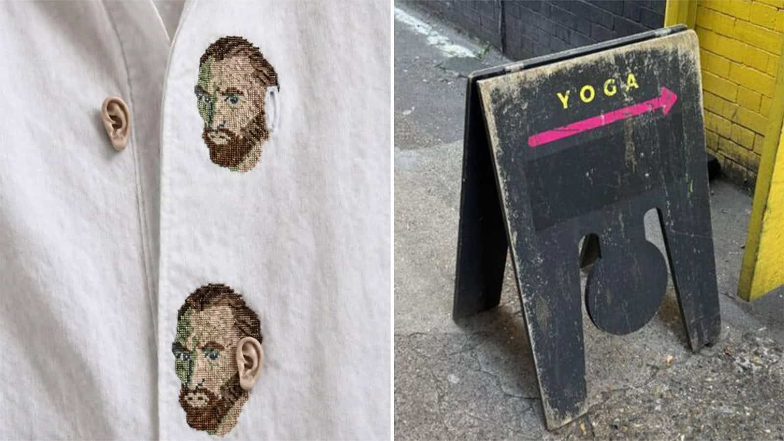 Street art of a bearded man's face on a white coat and a yoga sign on a blackboard.