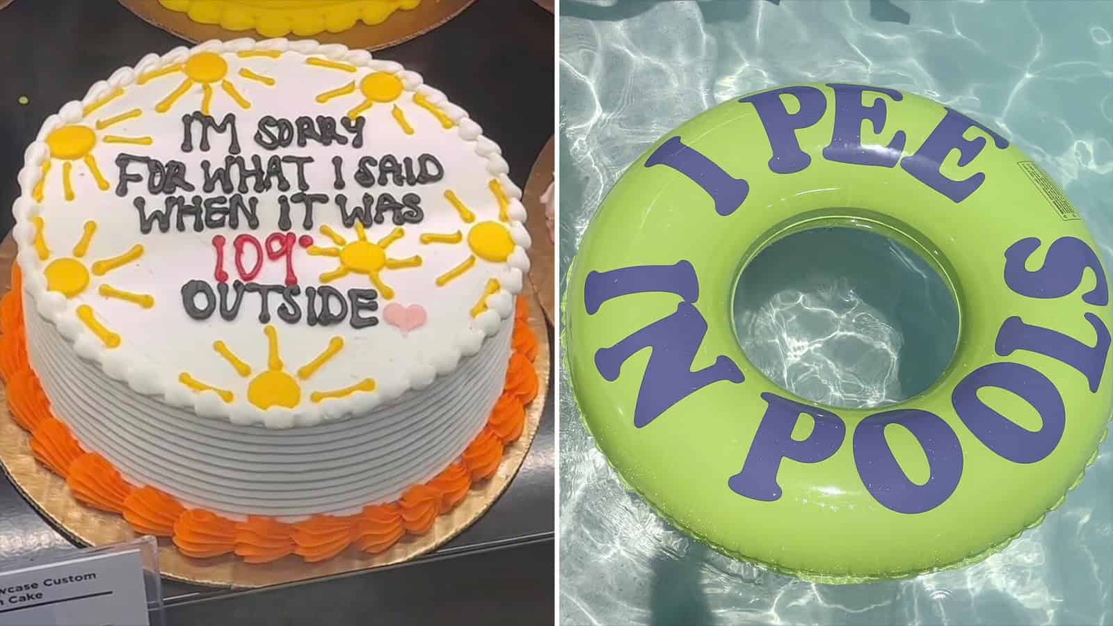 Cake with sun and bunny decorations and a pool float with 'I PEE IN POOLS' written on it.