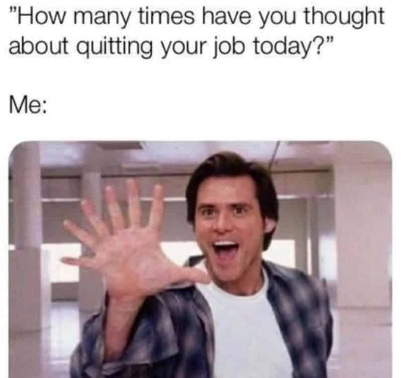 Person excitedly waving hand with text about quitting job.