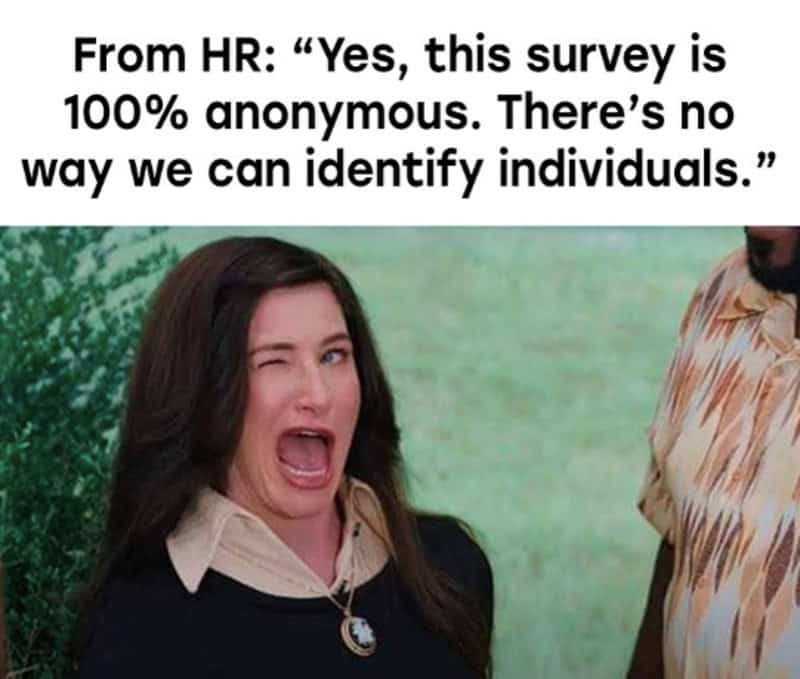 Woman making a funny face with text about HR survey anonymity.