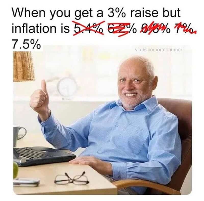 Man giving thumbs up with text about inflation and salary increase.