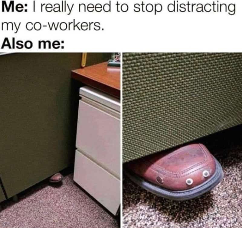 Two images showing a desk and a shoe hiding under a cabinet.