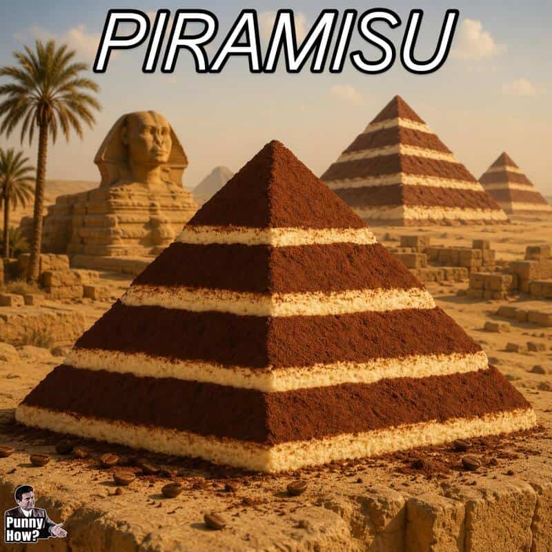 Pyramid with the word 'PIRAMISU' above it, desert scene with sphinx and pyramids.