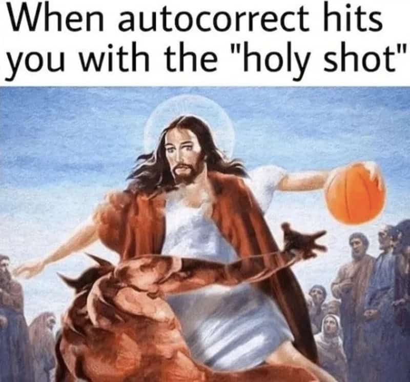 Jesus holding a basketball with a dog at his feet, humorous religious meme.