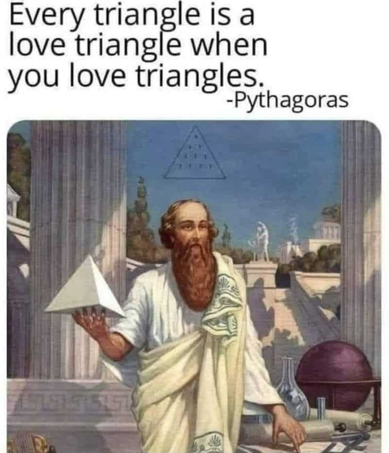 Image of a man with a beard holding a paper pyramid, with a triangle diagram above.