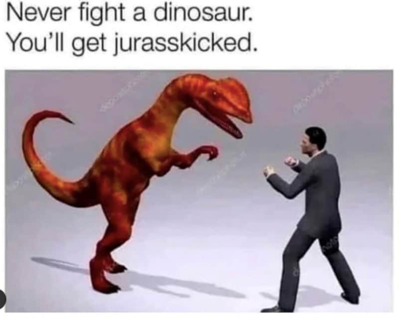 Dinosaur and man in a fighting stance with text about never fighting a dinosaur.