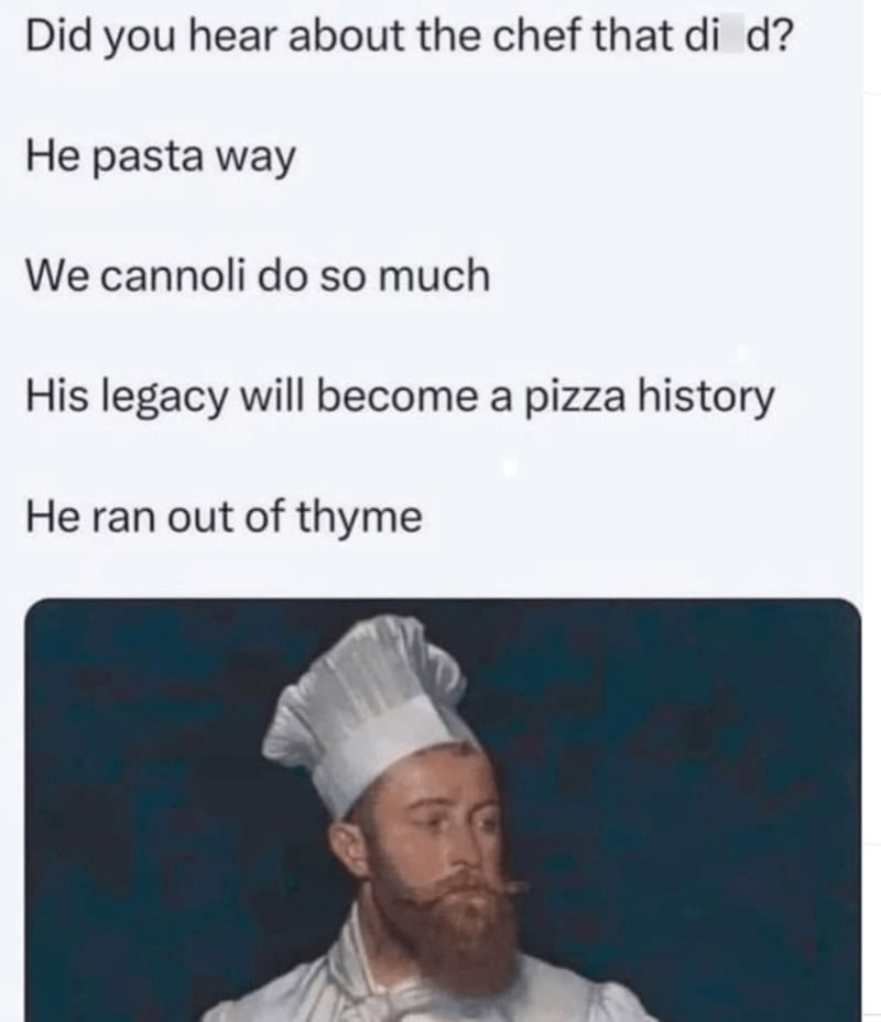 Funny pun joke about a chef and pizza with a man in a chef's hat.