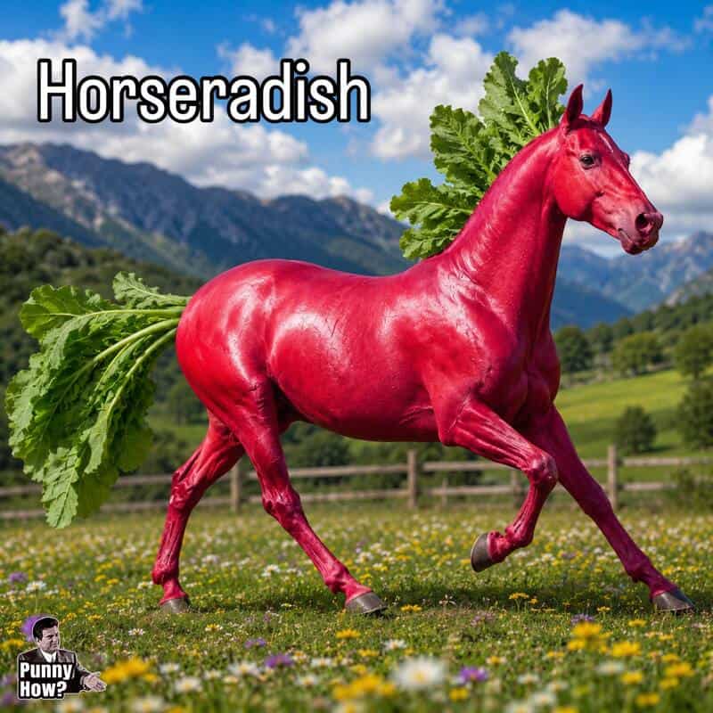 A horse with horseradish leaves as a mane and tail, labeled 'Horseradish'.