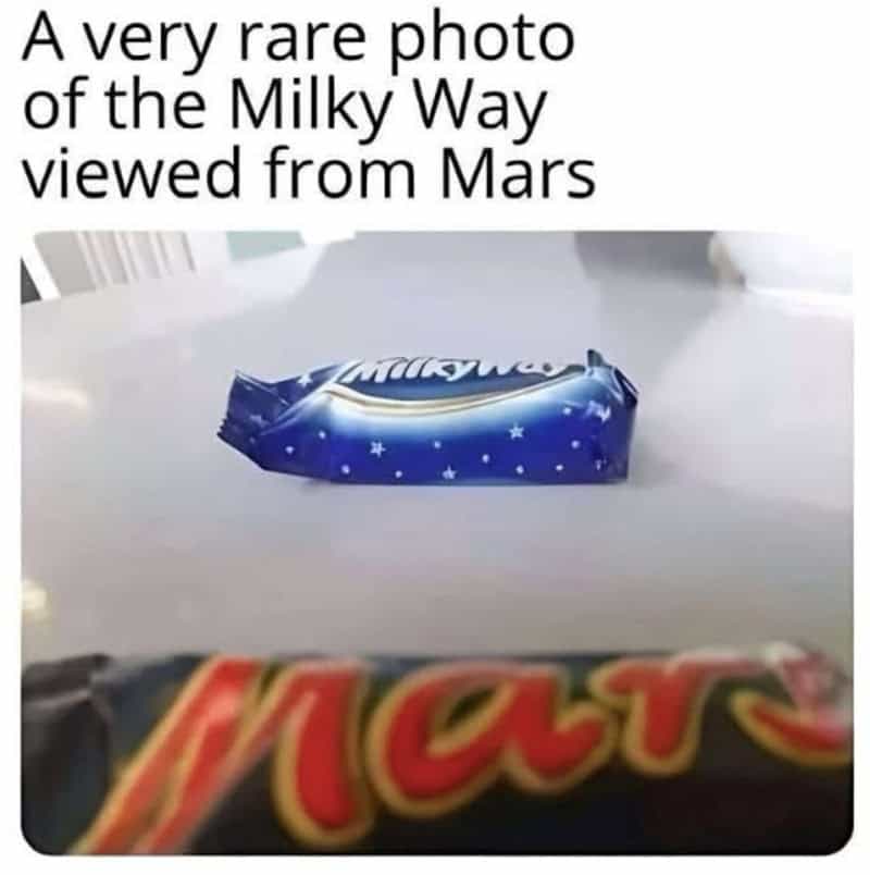 A Mars chocolate bar viewed from the Milky Way galaxy, with a caption about Mars and the Milky Way.