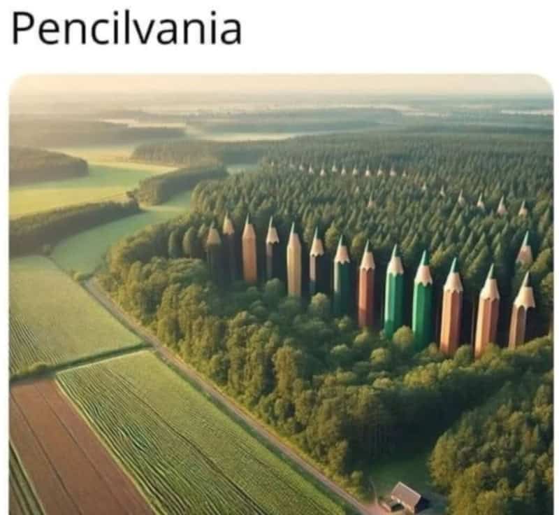 Aerial view of a forest with giant colored pencils among the trees.