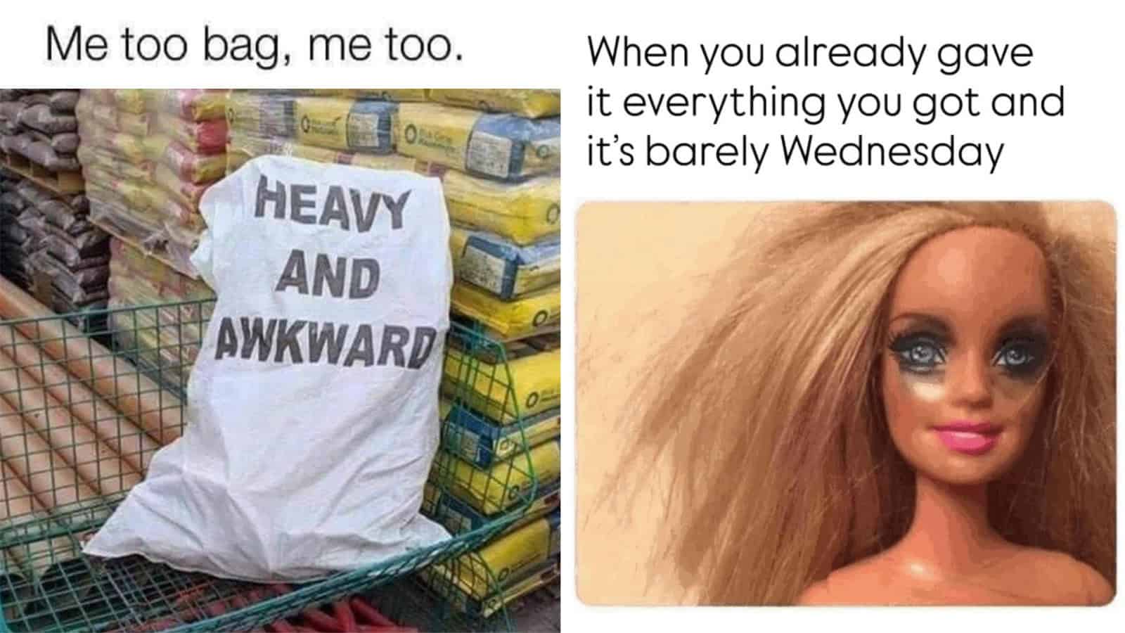 A shopping cart with a bag that says 'Heavy and Awkward' and a doll with messy hair.