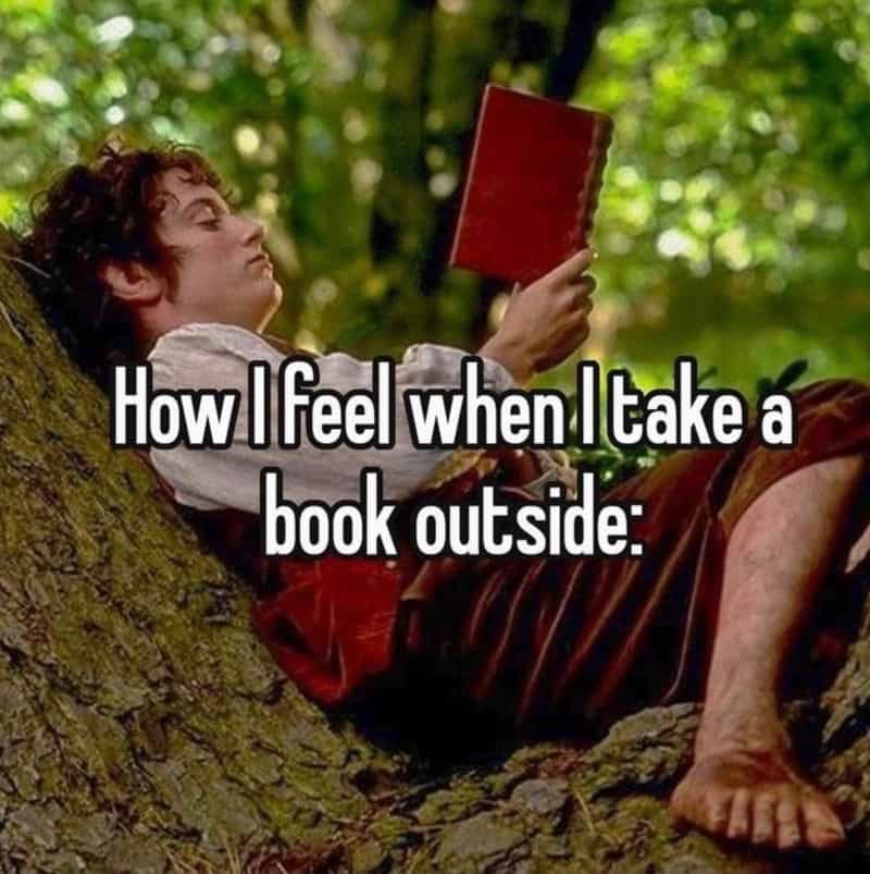 Young man reading a book outside in nature with the caption about feeling when taking a book outside.
