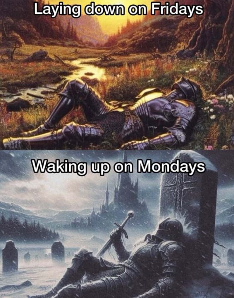 Comparison of lying down on Fridays and waking up on Mondays with fantasy and realistic scenes.