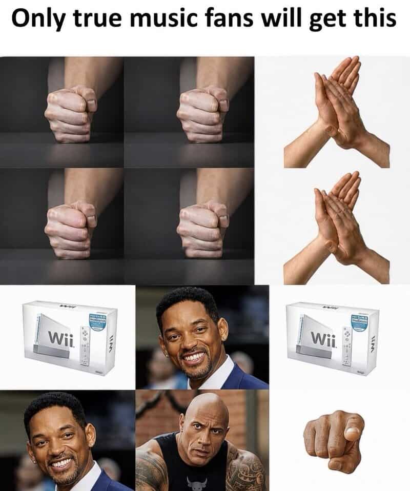 Clenched fists, clapping hands, Wii boxes, and a smiling man with tattoos.