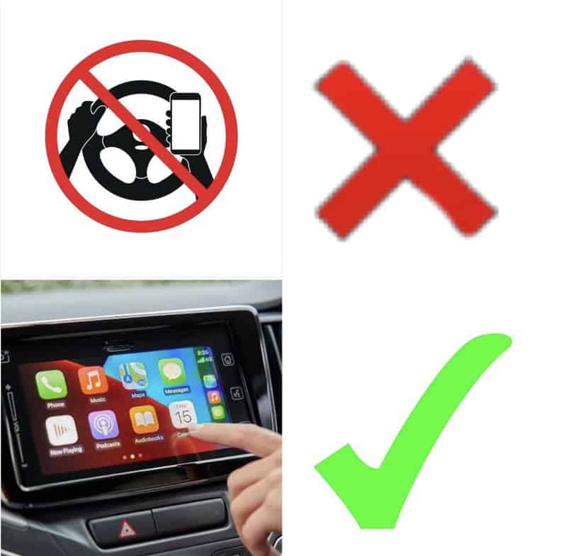 No phone use while driving sign, red cross, and a person using phone in car with green check mark.