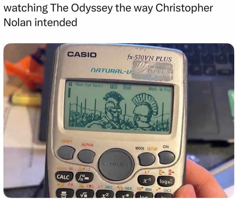 Calculator displaying a pixelated image of two characters from The Odyssey.