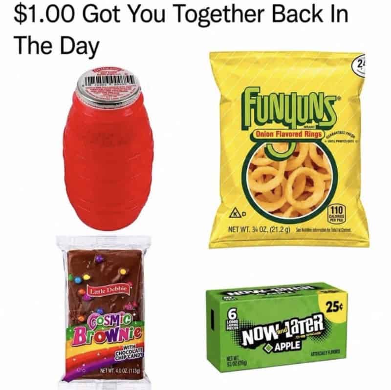 Red jar, Funyuns onion rings, Little Debbie brownie, and Now and Later apple.