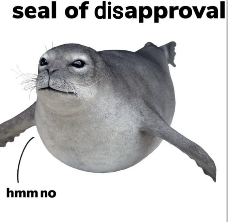 Seal with a human face and text 'seal of disapproval' and 'hmm no'.