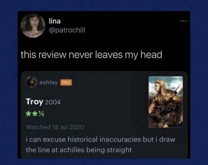 Review of Troy movie with humorous comment about historical inaccuracies.