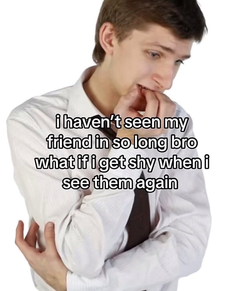 Young man looking worried, hand on chin, with text about seeing a friend again.
