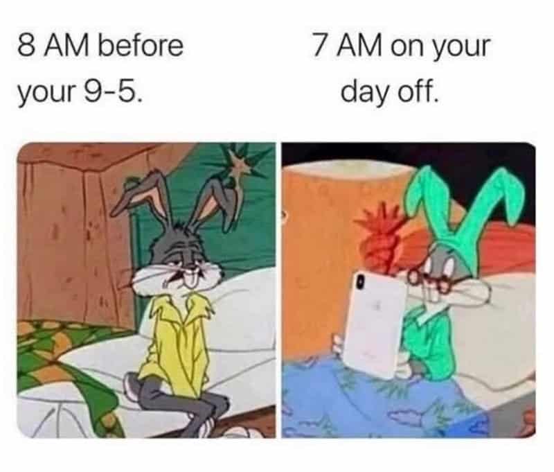 Tom and Bunny from Tom and Jerry with text about working hours.