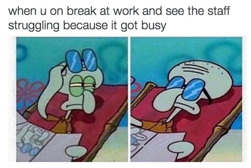 SpongeBob with glasses, looking tired and stressed at work.